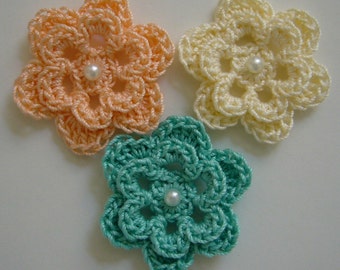 Trio of Crocheted Flowers - Peach, Cream and Aqua with Pearl - Cotton Flowers - Crocheted Flower Appliques - Crocheted Embellishments