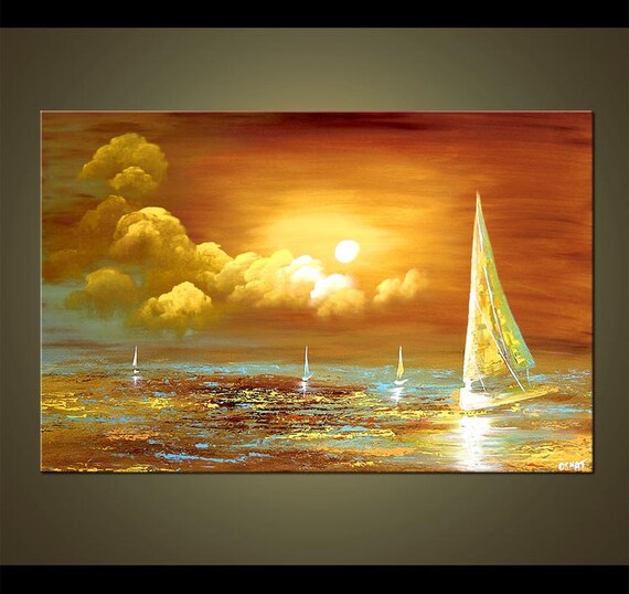 Sailboat Painting Abstract Sunset in Sea Original Acrylic