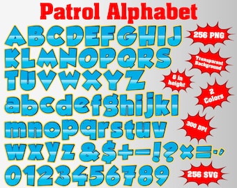 Paw Full Patrol Alphabet, Numbers and Symbols | 512 PNG/SVG | 300 dpi | Transparent Background | Blue/Pink Colors, Patrol Birthday Paw Party