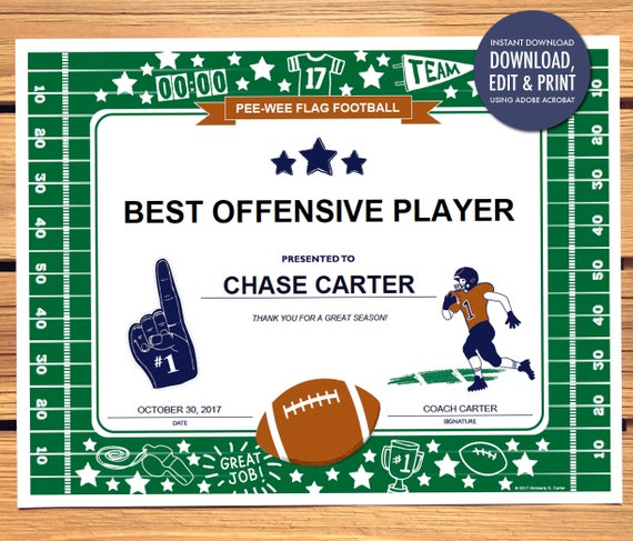 Instant Download Football Award Certificate Editable Pdf