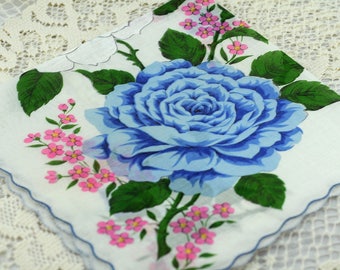 Vintage Hankie Huge Blue and White Flowers #D-40