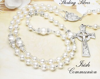 Irish Communion Rosary Personalized with Solid Sterling Silver 925 stamped Letters and Swarovski Pearls ideal First Holy Communion gift