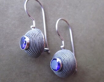 Balinese Sterling Silver circle amethyst Earrings / silver 925 / Bali Handmade Jewelry / (#87m)