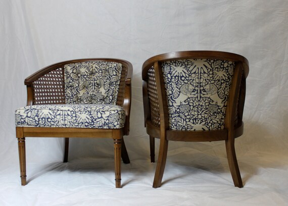 SOLD-Vintage Cane Barrel Chairs In Navy And White - SOLD-Vintage Cane Barrel Chairs In Navy And White