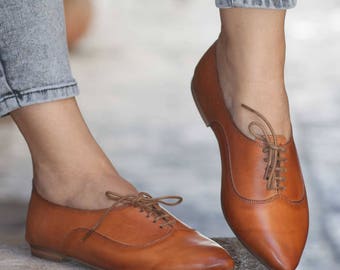 Women Leather Shoes, Leather Oxfords, Oxford Shoes, Painted Leather Shoes, Closed Shoes, Camel Shoes, Handmade, Free Shipping