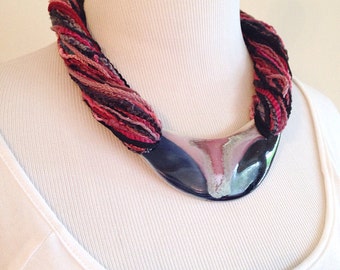 Vintage 1980s Artisan Made Ceramic and Fiber Boho Necklace