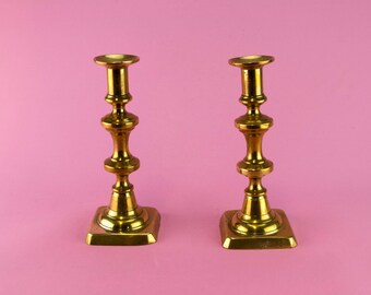 2 Candlesticks Solid Brass Medium Square Victorian Antique English 19th Century Pair