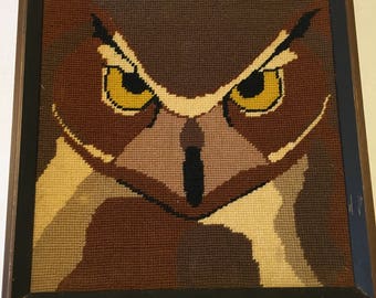 Vintage Framed Owl Needlepoint