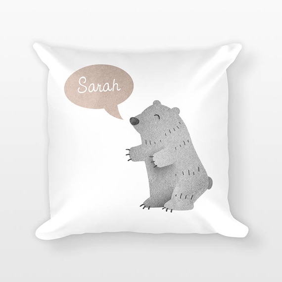 Personalized Pillow, Grizzly Bear Pillow, Custom Name Pillow, Birthday Gift for Friend, Kids Room Decor, Decorative Animal Throw Pillow