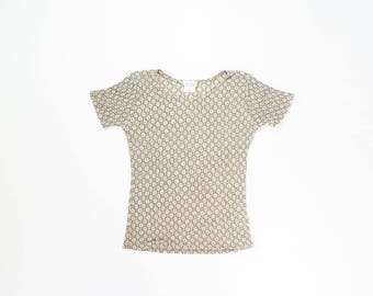 90s Floral Lace Stretch Top Semi Sheer 1990s Popcorn Blouse Stretchy Shirt Textured Beige Ivory Soft Grunge Pastel Goth Short Sleeve Medium