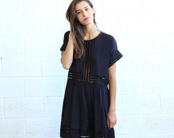 Eyelet Trim Party Dress , Black Midi dress.