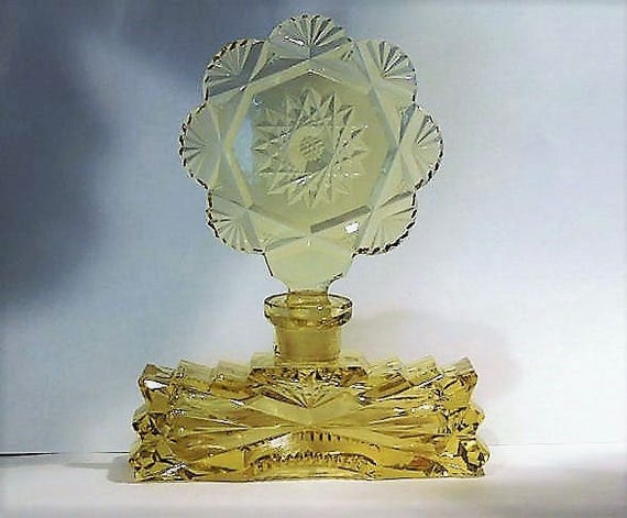 Art Deco Czech Perfume Bottle / Cut Yellow Crystal Glass