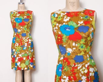 Vintage 50s bright floral day dress / watercolor floral dress / sleeveless sundress / printed 50s dress