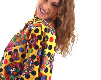 1980s blouse Howard Wolf polka dot yellow black high neck attached scarf Size M