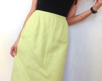 Vintage Linen Skirt Lime Green Midi Skirt 70s Knee Length Pastel Fitted Waist Size Small to Medium