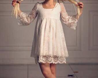 Girls Christmas Dress, First Communion Dress, Flower Girl Off-White Lace Dress, boho flower girl, girl toddler Lace dress, Bohemian Wedding