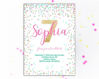 7th Birthday Invitation Pink Teal Gold Confetti Birthday Invitation Girl Birthday Invitations Seventh Birthday Invites Rainbow Printable