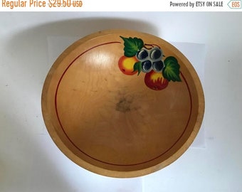 Sale - Mid Century Hand Painted Toleware Footed Turned Pine Wood Bowl with Fruit Painting