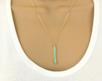 Turquoise Pendant Necklace Gold Bar Necklace Gold Layering Necklace Vertical Bar Stick Necklace Delicate Gemstone Necklace Turquoise Jewelry