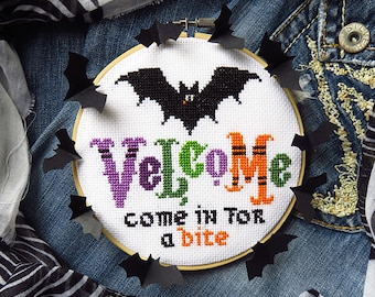 INSTANT DOWNLOAD Velcome PDF cross stitch patterns by Lucky Star Stitches at thecottageneedle.com October vampire bat