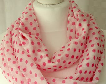 Polka dot infinity scarf, White and pink polka dot scarf, Dot print, scarf, Scarf for her, Lightweight scarf, Fashion scarf
