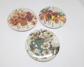 Set of 3 magnets 56mm vintage retro flowers