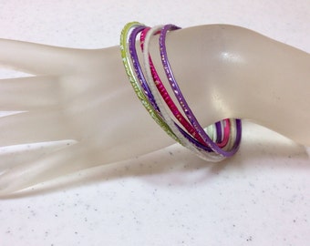Vintage Thin Bangle Bracelet Set of Five, Two Purple, One Pink, One Green, and One White Previously 14 Dollars ON SALE