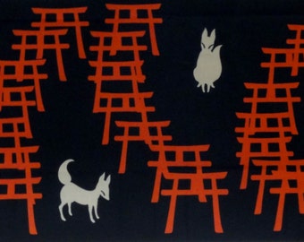 Japanese Art Tenugui Japanese Fabric Fushimi Inari Shrine Fox and Torii Gates Motif Black Fox Fabric w/Free Insured Shipping