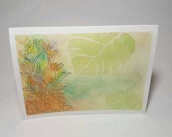 Card greeting, watercolor, pineapple, summer