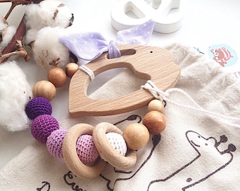 Wooden Baby Rattle Toy Waldorf Teething Crochet Organic Teether Eco Friendly Juniper Breastfeeding Baby Gift Organic Cotton Yarn Rabbit Mint
