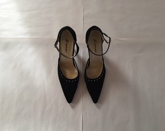 black velvet studded kitten heels | rhinestone studded heels | ankle straps heels