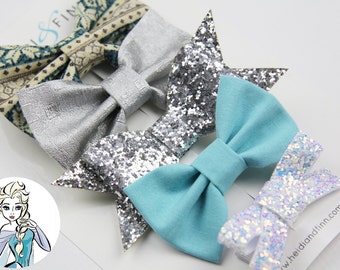 SALE Princess inspired Hairbow SET of 5 Hairclip cotton elsa blue silver sparkle velvet beauty frozen