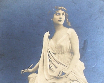 SALE 1900s French postcard, Actress as a statue. Real photo postcard (RPPC) paper ephemera.