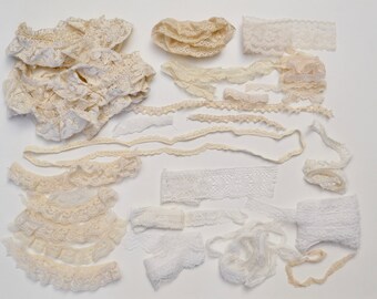 vintage antique ivory lace / trim lot, 22 yards
