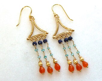 Reserved...Modern Cleopatra...Blue Sapphire, Pyrite and Carnelian Earrings in 22 k Gold Vermeil...