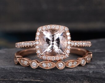 Rose Gold Engagement Ring Morganite Ring Bridal Set Halo Diamond Cushion Cut Wedding Ring Anniversary Gift For Her Women Half Eternity