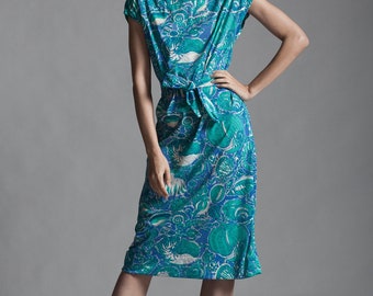 sea shell print sack dress green blue sleeveless belted vintage 70s MEDIUM M