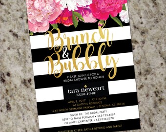 Brunch & Bubbly Bridal Shower Invitation | Floral Bridal Shower Invitation | Kate | Stripes Striped Invite | Gold | Print Your Own | Spade