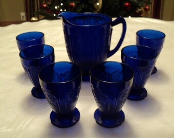 Cobalt Blue Cherry Blossom Reproduction Pitcher & Tumbler Set