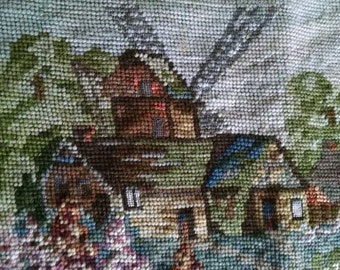 Vintage Needlepoint, Danish Village Design, Vintage Canvas, From a Barn Sale
