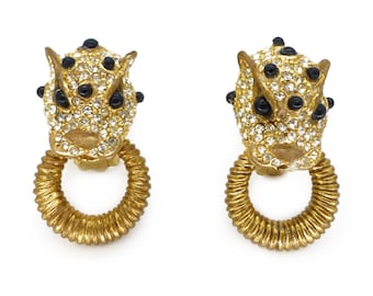 Vintage Ciner Rhinestone Leopard Door Knocker Earrings