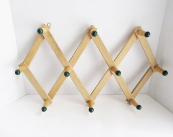 Vintage Peg Rack Wooden Natural Wood Green Knobs Accordian Wall Hook Coat Rack Hat Rack Mug Rack Scarf Rack