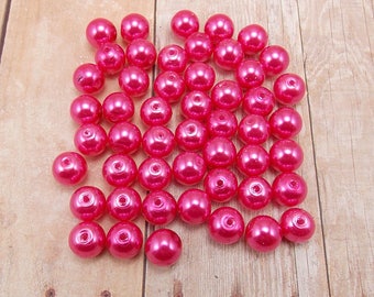 8mm Glass Pearls - Bright Pink - 50 pieces - Hot Pink - Dark Pink