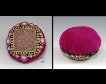 Polymer Clay Pincushion, Handmade, Fuchsia Pink, Sage Green, Golden Yellow