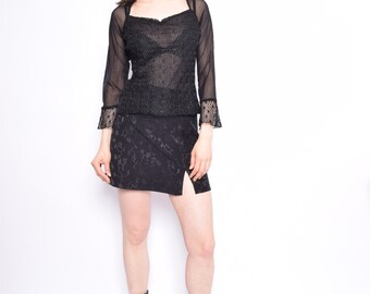 Jahrgang 90er schwarz schiere Spitze oben / Long Sleeve durchschauen Bluse / Glocke Ärmel Mesh Top - Größe Medium