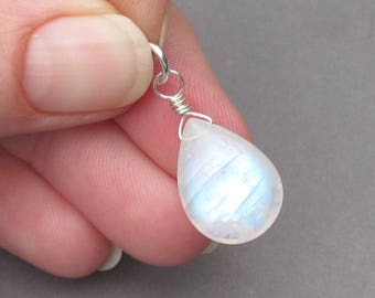 Moonstone Charm, Birthstone Charm, Sterling Silver Wire Wrapped Rainbow Moonstone Pendant, Fertility Charm, Necklace Pendant, Stone 377