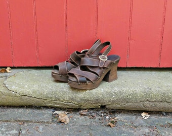 70s platforms | 1970s wooden platform sandals | vintage platform shoes | brown leather sandals