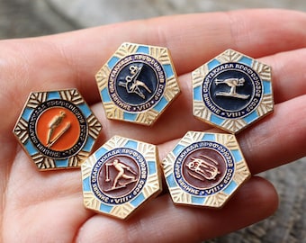 Rare pin Retro pin USSR pin Labor union competition Various sports pin Yellow pin Gold pin Lot of pins Orange pin Blue pin Brown pin gift