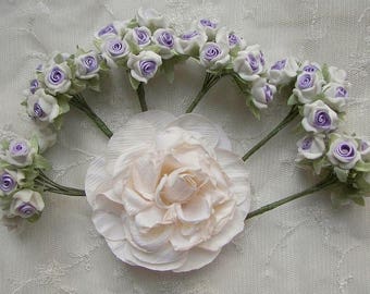30pc Chic Lavender Polymer Clay Satin Ribbon Wired Rose Flower Applique Embellishment