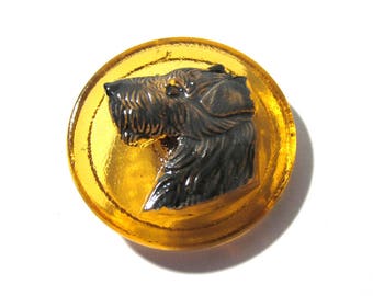 Czech Terrier Button Hand Painted Amber Glass Czech Glass Button One (1) Czech Glass Dog Terrier Vintage Button Jewelry Supplies (J228)